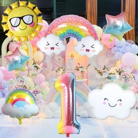 Rainbow Balloons 1st Birthday Decorations For Girls, First Birthday Decorations Girl, Rainbow Birthday Balloons Set with Sun Rainbow Stars Number 1 Balloons for Baby Girls 1st Birthday Party