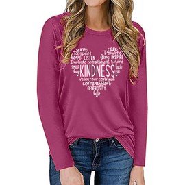 Women's Long Sleeve Graphic Tshirts Kindness Print Crew Neck Pullover Tops Fall Shirts Burgundy XL