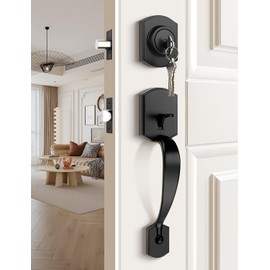 Tinewa Camelot Black Front Door Handle and Deadbolt Set, Front Door Lock Set, Matte Black Finish, Upgated Entry Door Handle with Accent Wave Door Lever with Reversible Handle Lever, 1 Pack