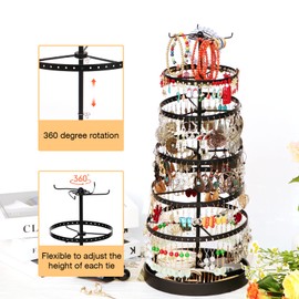 17Dec 6 Tier Rotating Jewelry Organizer Stand, 230 Holes Earring Holder Organizer for Women Girls, Spinning Earring Tree with Ring Holder, Wide Base for Bracelets Watches Lipstick