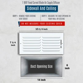 Fits 14x6 Duct Opening 1 Way Fixed Curved Blade Air Supply Diffuser by Handua | Register Vent Cover Grille for Sidewall and Ceiling | White | Outer Dimensions: 15.75" X 7.75"