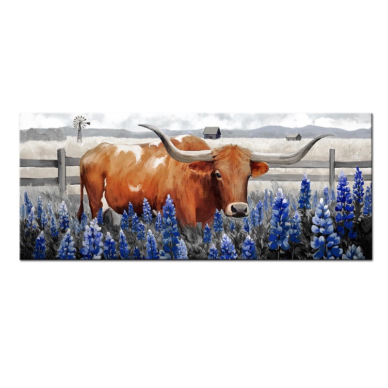 Conipit Longhorn Cattle Wall Art Bluebonnet Pictures Western Canvas Art,