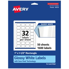 Avery Glossy White Rectangle Labels with Sure Feed, 1" x 1.5", 1,600 Glossy White Labels, Print-to-The-Edge, Permanent Label Adhesive, Laser/Inkjet Printable Labels