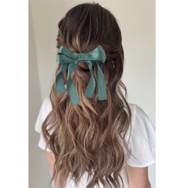 Green Hair Bows for Women Large Bow Hair Clips Silky Satin Bow Clips Cute Hair Bow Clips French Hair Ribbon Bow Long Tail Bows Wedding Bow Barrette Bowknot Hair Accessories Bow Headband Accessory