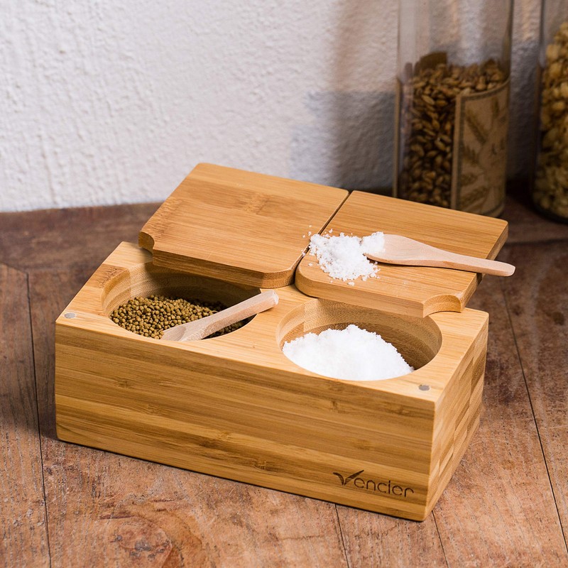 Vencier Bamboo Spice Salt & Pepper Box Magnetic Hinged Pot