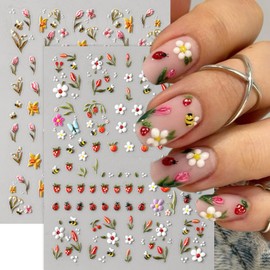Summer Nails Stickers Flowers Nails Sticker 3D Embossed Blossoms Self Adhesive Sticker Strawberry Designs Nail Decals Colorful Nail Art Decals Summer Decals for Nail DIY Manicure 2Sheets