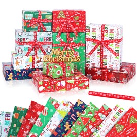 Norvens Christmas Wrapping Gift Paper 10 Sheets of Different Christmas Themed Designs 50x70CM with Red Ribbon for Christmas New Year Birthday Party