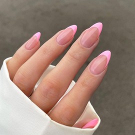 24PCS Almond Press on Nails - Pink Based False Stick on nails - Nails French Tip Nail Art Acrylic False nail with Glue Home DIY Nail Art