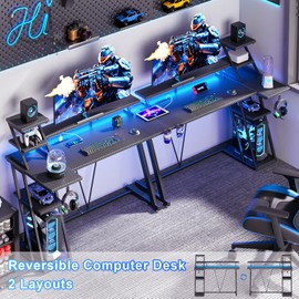 Korfile 47 Inch Gaming Desk with LED Lights & Power Outlet, L Shaped Computer Desk with Storage Shelves, Gamer Workstations with Monitor Stand for Bedroom, Carbon Fiber Black