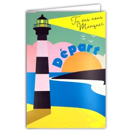 69-8144 Fluo Card for Departure You Will Miss Us Retirement or Moving Illustration Lighthouse Sunset Sea - With Envelope 12 x 17.5 cm - White Inside - Fluorescent Inks - Designed