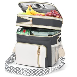 LOKASS Lunch Box for Women/Men-16L-Insulated Lunch Bag, Expandable Double-Layer Leakproof Cooler Bag with Upgrade Adjustable Shoulder Strap Ideal for Work/Travel/Picnics（Gray&White）
