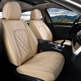 Coverado Car Seat Covers Full Set, Luxury Faux Leather Waterproof Seat Covers, 5 Seat Universal Seat Covers for Cars, Front and Back Car Seat Protector, Beige Leather Seat Covers Fit for Most Cars