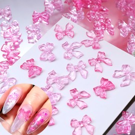 100Pcs Pink Bow Nail Art Charms 3D Valentines Bow Nail Rhinestones Resin Ribbon Bow Nail Accessories Clear Pink Bowknot Nail Supplies Kawaii Bows Nail Designs for Women Acrylic Nails Accessories
