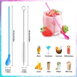 12 Pcs Straws Spoon 2 in 1,Plastic Straws Reusable,Plastic Spoons, Straw with Spoon with 2 Pcs Straw Brushes,Drinking Straws Spoons for Smoothie Milkshake Cocktail and Hot Drinks Multi-Color