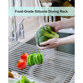 INTRESTIN Roll Up Dish Drying Rack Over Sink, 20.47" x 12.99" Foldable Silicone Wrapped Stainless Steel Over The Sink Dish Drying Rack, Grey