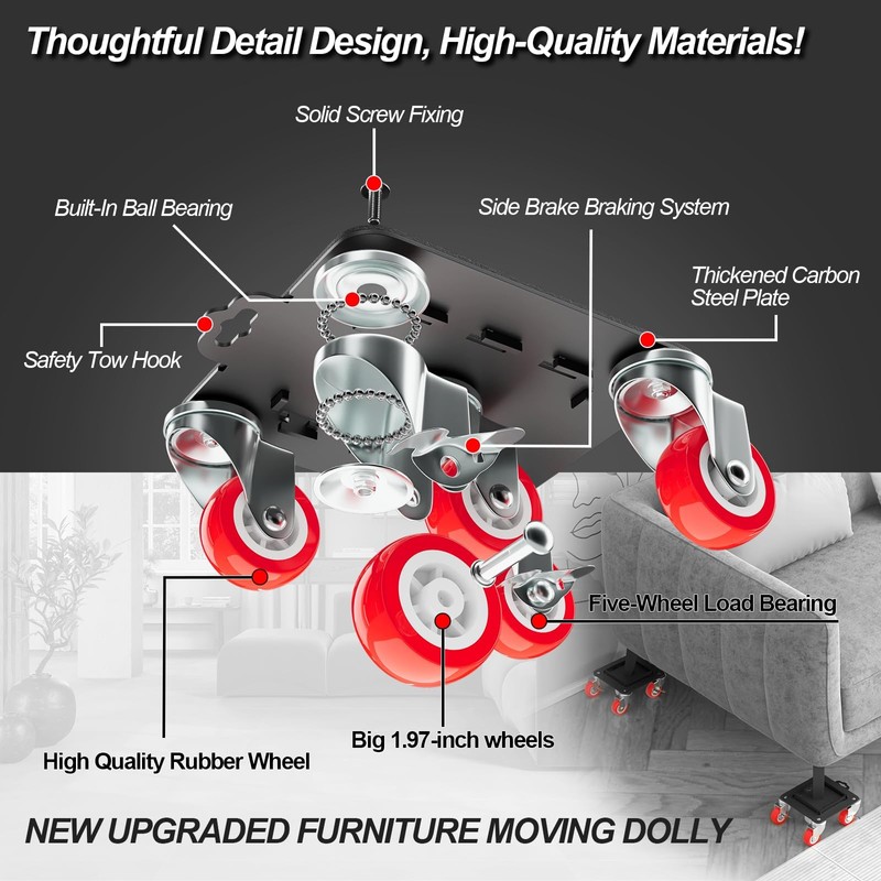 MYUEA Furniture Dolly 5 Wheels Heavy Duty with Removable Side