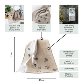 Helen Round Bee Tea Towel, Natural Linen. This beautiful, hand printed tea towel featuring bees is machine washable at 40 degrees and will compliment your kitchen decor perfectly. Size 70 x 46cm