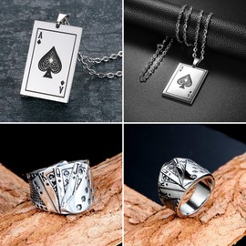 Flongo Men's Chain Band Ring Signet Ring Men's Chain Men's Ring Pendant Jewellery Set with Ace of Spades Playing Card Royal Flush Poker Cards Silver, Stainless Steel