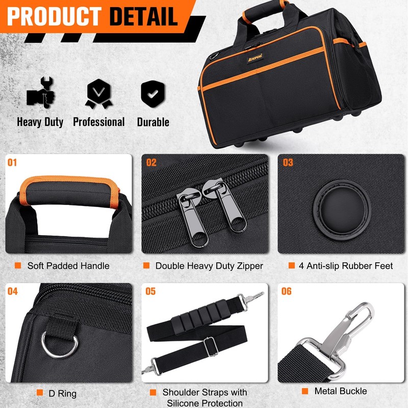 Heavy Duty Tool Bag 17.3-Inch, 26-Pocket Large Tool Bags for