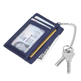 Cynure Women & Men Genuine Leather RFID Blocking Card Holder Thin Slim Minimalist Front Pocket Wallet with Keychain, Royal Blue