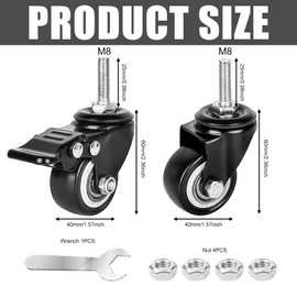 4 pieces 40 mm furniture castors: M8 x 25 mm screw fixed castors M8 heavy duty castors swivel castors for furniture 2 with brakes and 2 without brakes, 35 kg 360 degree rotation rubber castors outdoor castors