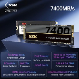 SSK M.2 NVMe SSD 1TB, PCIe Gen 4.0 x4 M.2 2280 SSD Up to 7400MB/s, NVMe 2.0 SSD Card Internal Gaming SSD Solid State Drives Support DRAM-Less Low Power Consumption, Trim, Graphene Heatsink Included