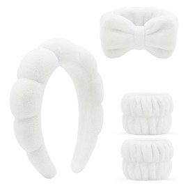 Spa Headbands for Washing Face, Makeup and Skincare. 4 Pc Set of Skin Care Head band with Wristbands. Puffy Terry Cloth, Non Slip Get Ready Hairband for Women, Teens, Girls. Cute Hair Accessories.