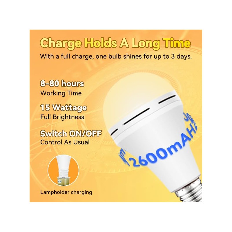 Emergency-Rechargeable-Light-Bulb, Stay Lights Up When Power Failure, 1200mAh15W 80W Equivalent