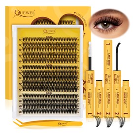 QUEWEL Lash Cluster Kit, 280pcs Cluster Lashes Kit 10-16mm D Curl Individual Lashes, Lash Bond and Seal Waterproof, Lash Tweezers Easy to Use for Beginner DIY Lash Extensions at Home(RR-30+40+50D KIT)