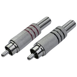 AERZETIX - C53625 - Set of 2 plug connectors straight RCA male 1 red and 1 black with cable protection - length 51 mm - for welding - colour silver nickel