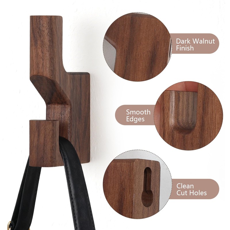 Walnut Wood Wall Peg Rack Hooks 2 Pack, Natural Wooden