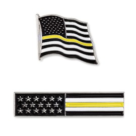 Thin Gold-Yellow Line American Flag USA Lapel Pin Set - Waving Flag + Rectangle Bar - Silver Colored Metal Plated - Luxury Clothing Accessories