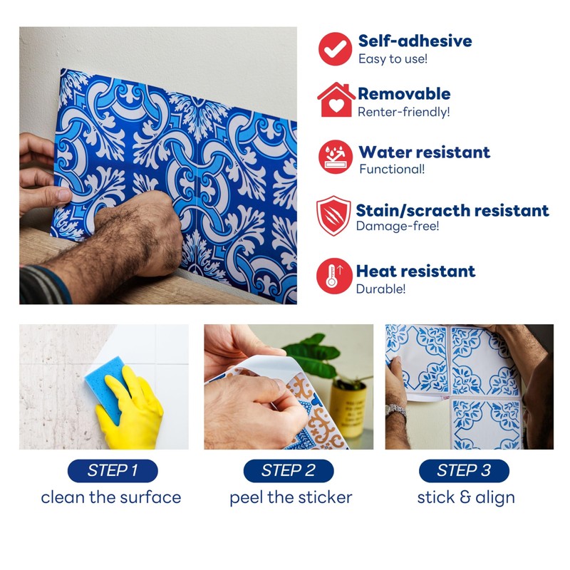 Poromoro Spanish Portuguese Azulejo Style Peel and Stick Backsplash Tile