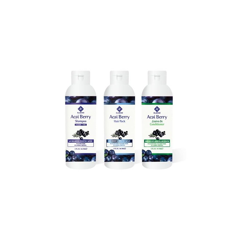 Elabore Acai Berry Travel Kit [Shampoo, Pack, Leave-in] 3oz each.