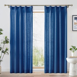FMFUNCTEX Linen Navy Blue Semi Sheer Curtains 96 Inches Long for Bedroom Farmhouse Rod Pocket Back Tab Pinch Pleated Window Drapes for Living Room Light Filtering Curtains 2 Panels