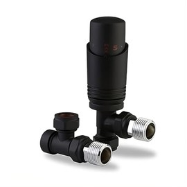 Team Controls Matt Black Angled Thermostatic TRV Radiator Valve & Lockshield 15mm x 1/2" Pack