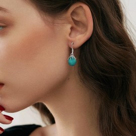 Water Drop Earrings for Women Natural Gemstone Turquoise Hook Earrings Bohemian Ethnic Retro Jewelry Gift for Women, Sterling Silver, Turquoise