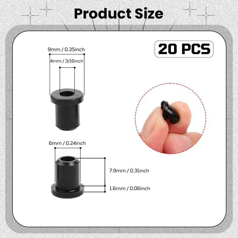 20PCS Rubber Grommets 1/4"(6mm) Drill Hole, 3/16"(4mm) ID Durable Black