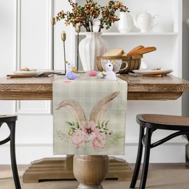 QINJIEJIE Table Runner Spring Colourful Easter Table Runner Linen Easter Bunny Flower Washable Table Runner Tablecloth Decor Table Runner for Easter Party Home Kitchen Dining Table Festival Decoration