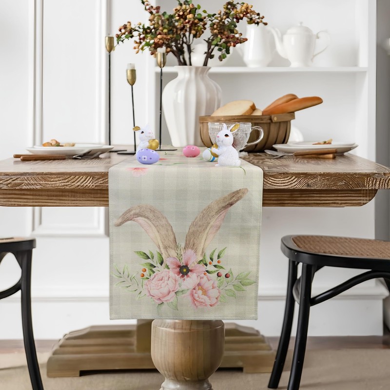QINJIEJIE Table Runner Spring Colourful Easter Table Runner Linen Easter