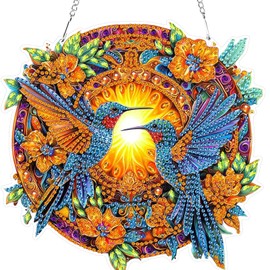 KEYIFA Diamond Painting Kit, DIY Hummingbirds Diamond Art, Colorful Diamond Painting Hanging Sign Crystal Art Window Ornaments Home Garden Wall Door Hanging Decor, 20cm Width