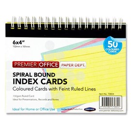 Premier Office Spiral Bound Index Cards. 6 x 4" 50 Coloured Cards., A2870824