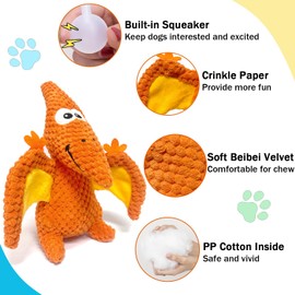 LWBMG Squeaky Dog Toys Plush Dog Toy with Crinkle Paper Dinosaur Dog Toy Stuffed Animals Chew Toy Plush Squeaky Dog Birthday Toys for Small Medium Large Dogs Orange