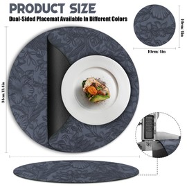 Washable Placemats and Coasters, Double-Sided Non-Slip Place Mats Leather Look Set of 4 Wipe Clean Place Mats Waterproof Place Mats, 34 cm Round Flower Placemats for Kitchen Dining Table (Blue Black)