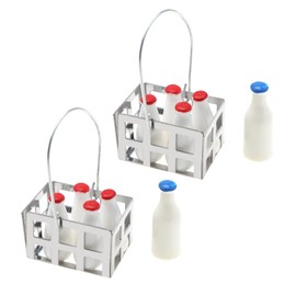 2 Sets Miniature Milk Bottle Basket Set Dollhouse Milk Bottles Set with Basket Dollhouse Furniture Accessories for 1/6 Or 1/12 Dollhouse Decor