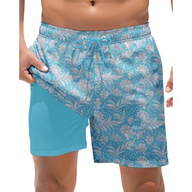 BOJIN 2 in 1 Mens Swim Trunks with Compression Liner 5.5" Inseam Quick Dry Bathing Suit Shorts with Zipper Pockets Blue Base White Flower L