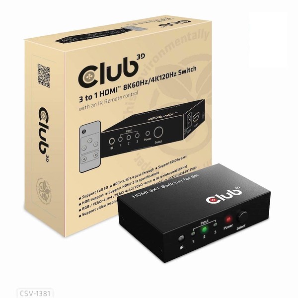 Club3D CSV-1381 HDMI™ 3 to 1 Switch 8K60Hz/4K120Hz Switch