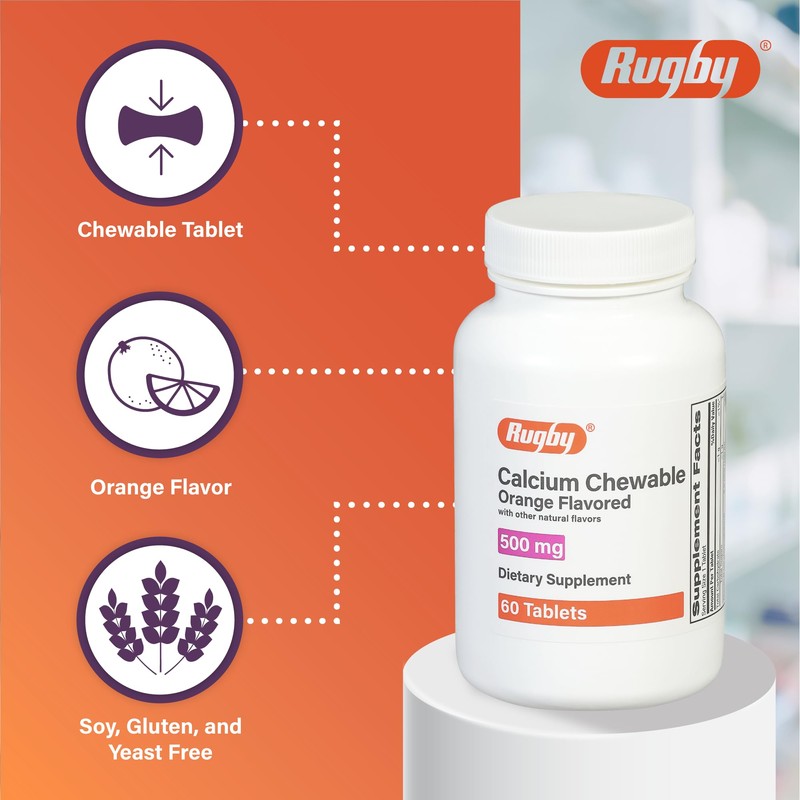 Rugby 500mg Calcium Chewable Tablets - Dietary Supplement - Orange