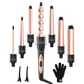 7 in 1 Curling Wand Set: Ohuhu Curling Iron Wand 7Pcs 0.35 to 1.25 Inch Interchangeable Ceramic Barrel Heat Protective Glove 2 Clips Dual Voltage Hair Curler Girl Women Mother Christmas Gift Rose Gold
