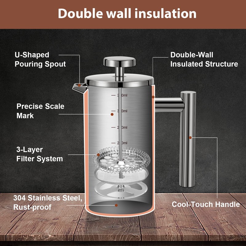 Meelio Stainless Steel French Press Coffee Maker, Double-Wall Insulated Large